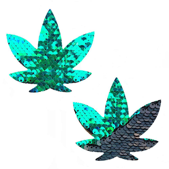Ariel  - Green to Black Flip Sequin Gold Dope Af Weed Leaf Pasties NN-ARI-WEE-NS