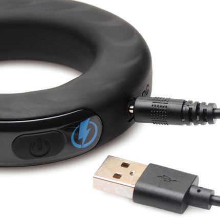 E-Stim and Vibrating Silicone Cock Ring 45mm With Remote Control - Black - BESOLLO